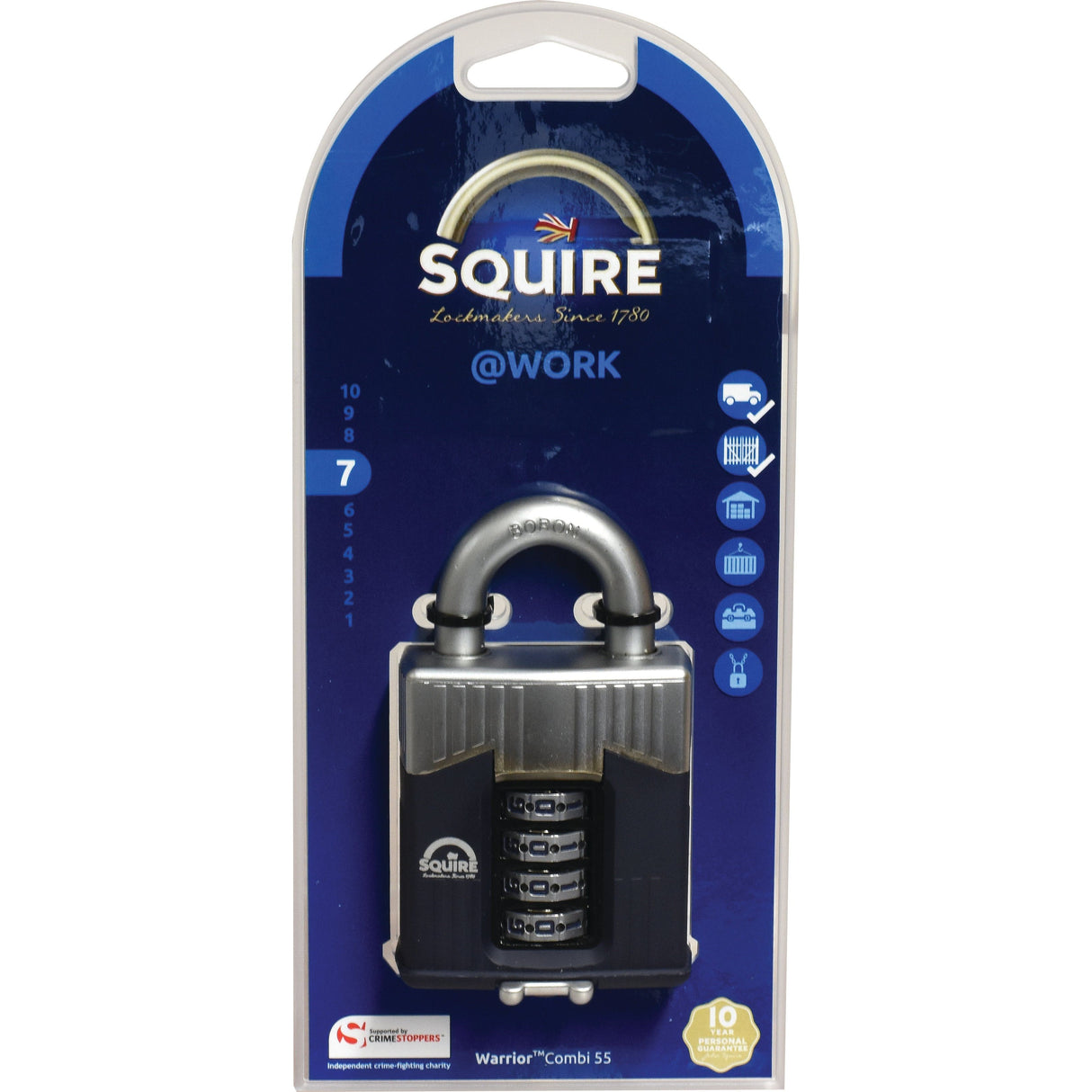 A Sparex Squire 55CS COMBI Warrior Combination Padlock in its original packaging boasts several features, including a security rating of 8 and a 10-year guarantee. Suitable for multiple uses, it comes with detailed information about its high-quality manufacture.