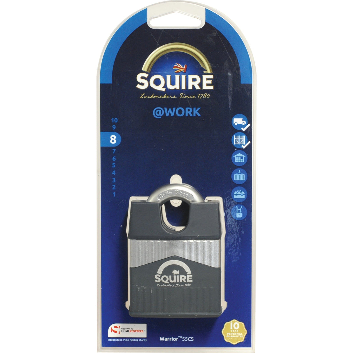 A packaged Squire 55CS Warrior Padlock, labeled under "Sparex," features a 55mm body width and an impressive security rating of 8. It is secured in a blue and white plastic casing that clearly displays the product specifications, making it suitable for various security needs.
