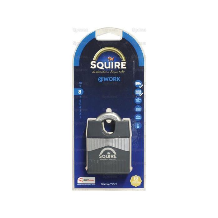 A packaged Sparex Squire 55CS Warrior Padlock, labeled "@WORK," displayed against a blue background with product details and suitability information (Body width: 55mm, Security rating: 8) - S.129871.