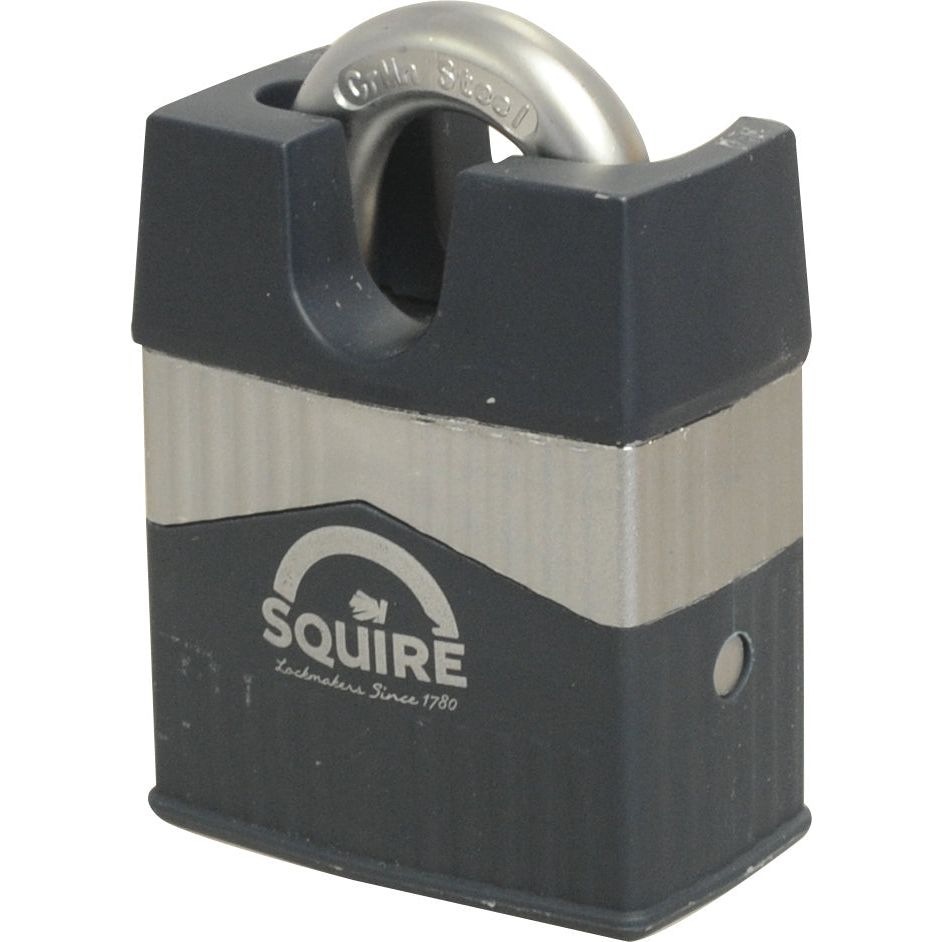 The Sparex Squire 55CS Warrior Padlock features a 55mm body width and an impressive security rating of 8. It sports a robust steel shackle with a black and silver design, making it ideal for securing gates, sheds, or lockers with dependable strength. (S.129871)