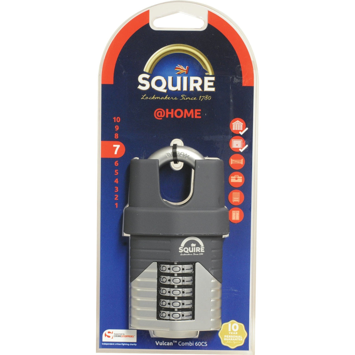 The Squire 60CS COMBI Vulcan Combination Padlock by Sparex, available in beige and black with a metallic dial, boasts a boron steel shackle and comes with a ten-year guarantee. This fully recodable padlock has a body width of 60mm, a security rating of 7, and is ideal for home use (S.129891).