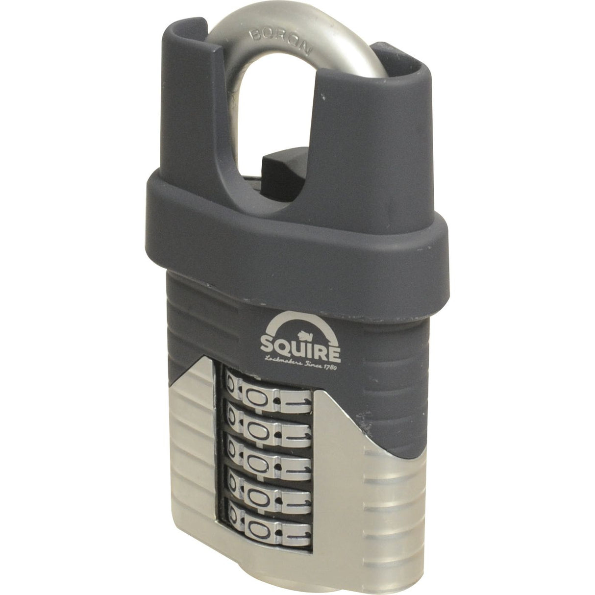 A heavy-duty combination padlock with four fully recodable dials and the brand name "Sparex" printed on it, named the Squire 60CS COMBI Vulcan Combination Padlock. The lock is primarily black and silver, featuring a protected boron steel shackle for added security.