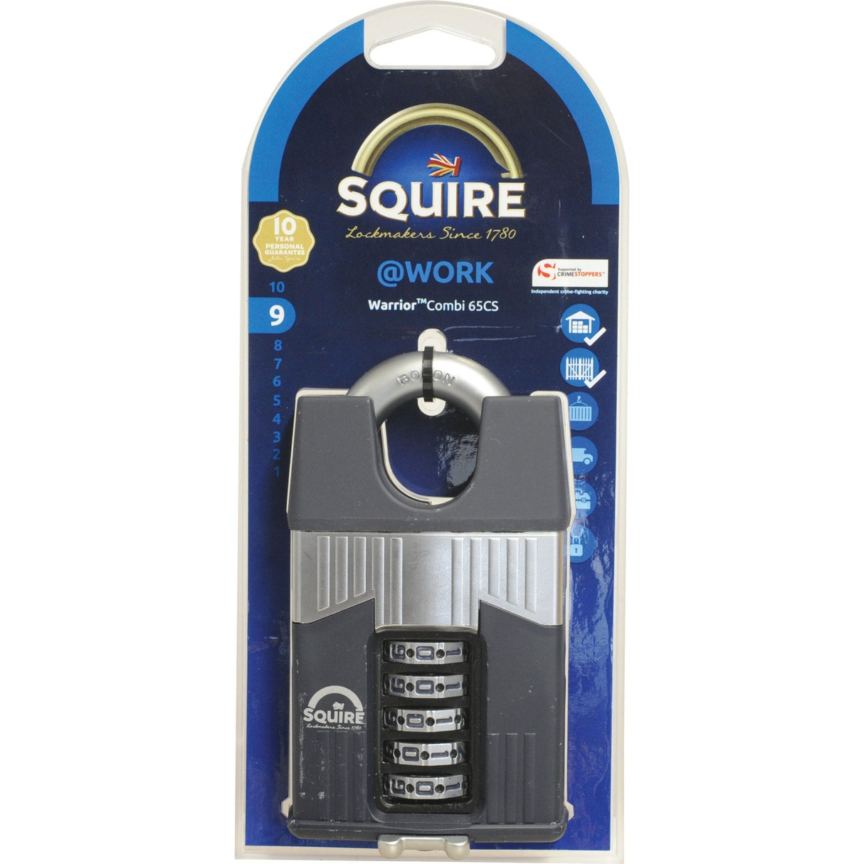 The Sparex Squire 65CS COMBI Warrior Combination Padlock (S.129866), with a body width of 65mm and a security rating of 8, is designed for various needs. It features a sleek black and silver design with a four-digit combination lock mechanism. The packaging prominently displays the Sparex branding and detailed product information.
