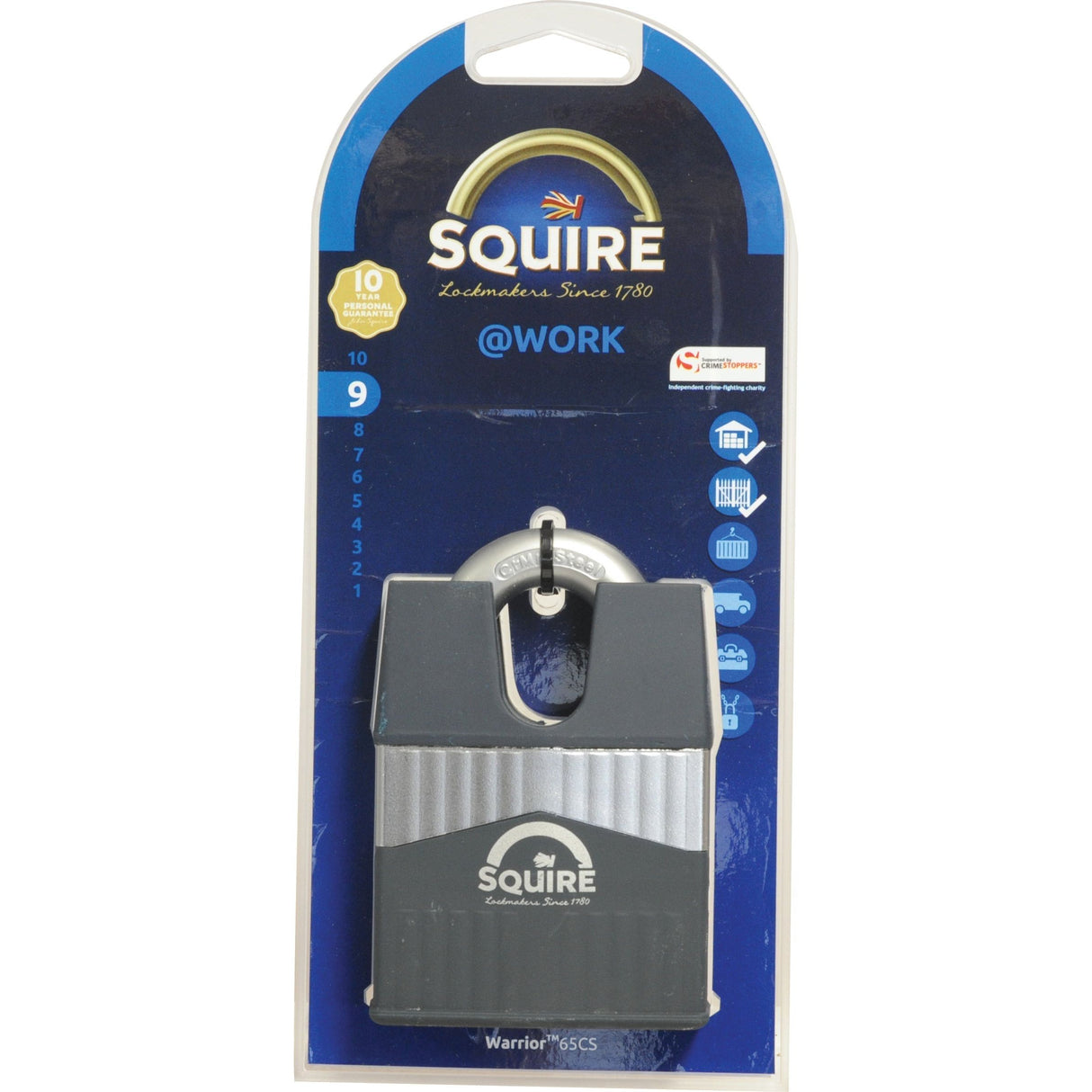 The Sparex Squire 65CS Warrior Padlock (Body width: 65mm, Security rating: 9) in retail packaging showcases key security features and versatility, offering essential information about its manufacture.