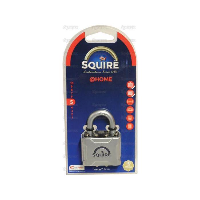 The Squire P4 40 Vulcan Padlock, by Sparex, comes in packaging labeled "Squire @HOME," featuring a sturdy steel shackle and a reassuring 10-year guarantee. Ideal for home security, the blue and red package showcases security icons and text highlighting its strength rating of 5. Comprehensive manufacture details are available on the back of the packaging. The padlock has a body width of 44mm and is identified as S.129904.