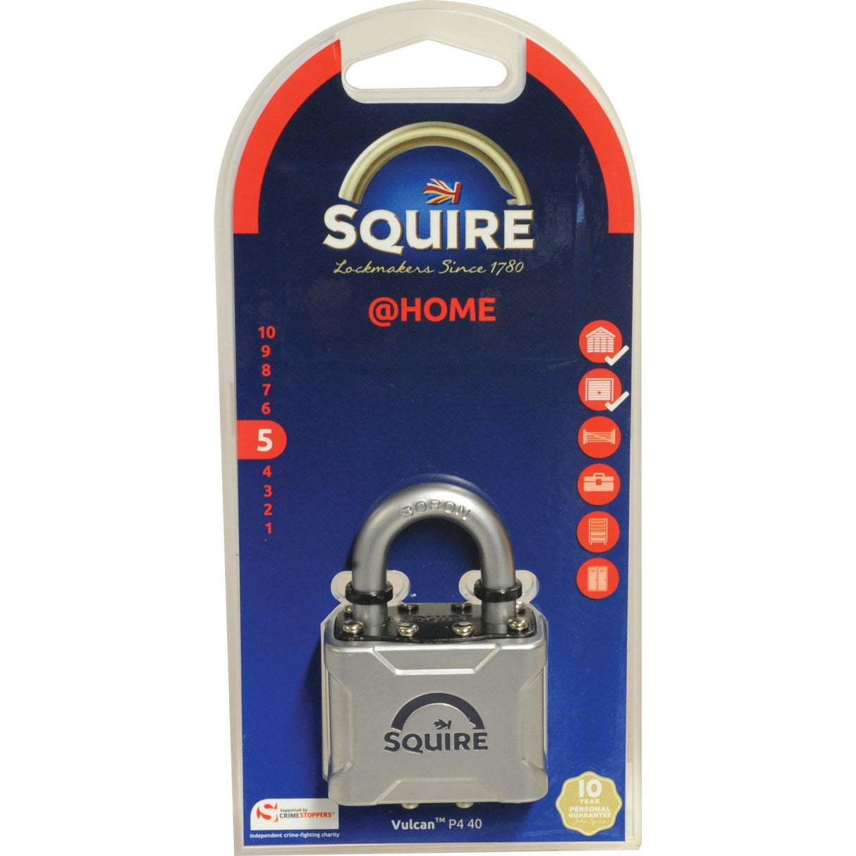 Sparex Squire P4 40 Vulcan Padlock in original packaging, labeled "Squire @Home." The lock features a silver finish with a red-and-blue package indicating a "10 Year Guarantee." With a body width of 44mm and security rating of 5, this padlock is suitable for home security. It also includes manufacture information for added assurance. (Product code: S.129904)