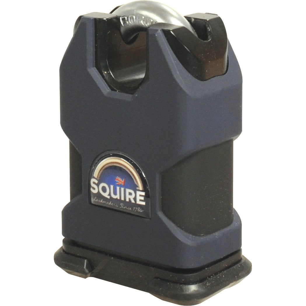 A Sparex Squire Stronghold Padlock, model S.26771, features a 50mm wide black body and a silver shrouded shackle made from hardened steel, offering high security for maximum risk situations. Displaying the Squire logo prominently on the front, this padlock boasts a security rating of 9 to ensure uncompromising protection for your most valuable possessions.