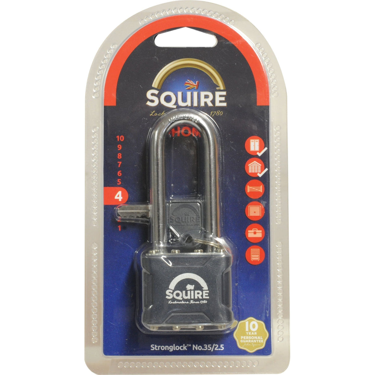 A packaged Sparex Squire Stronglock Pin Tumbler Padlock, labeled as S.26753, boasts a steel body with a width of 38mm and features a double deadlocking mechanism. The packaging highlights the lock's impressive security rating of 4 and advanced durability features.
