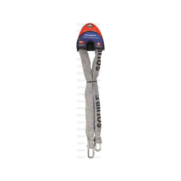 A heavy-duty bike lock from Sparex, equipped with a 10mm coiled chain made of hardened steel. The chain features a gray cover, and the product is topped with blue and orange packaging that includes instructional text and branding. The label reads “Squire Security Chain - Y4” with a high security rating of 7 for maximum protection.