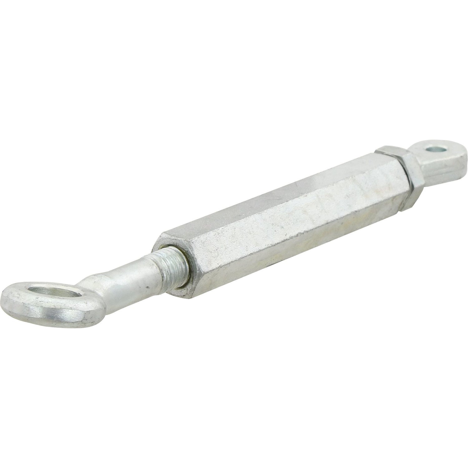 Introducing the Sparex Stabiliser Bar Assembly - S.281, featuring one end with an eye bolt and the other with a hook. The central body is threaded to facilitate tension adjustments, making it ideal for various applications.