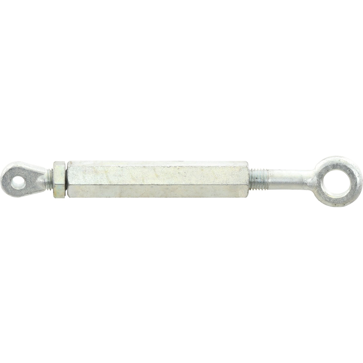 The Stabiliser Bar Assembly - S.281 by Sparex is a metal turnbuckle with eye bolts on both ends, ideal for adjusting tension and length in cables, rods, or other tensioned systems.