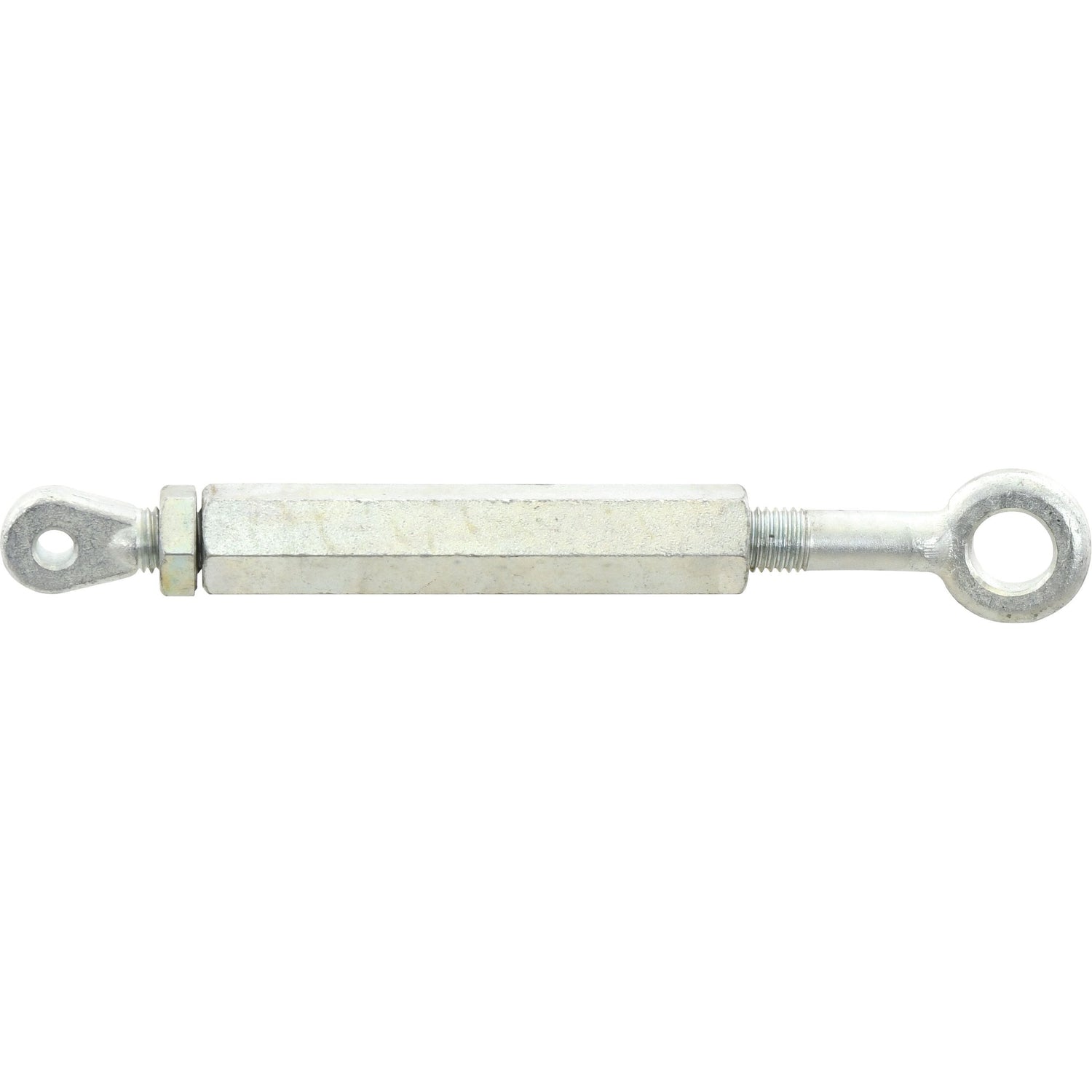 Introducing the Sparex Stabiliser Bar Assembly - S.281: a turnbuckle designed with one end featuring a closed loop and the other a hook, ideal for adjusting tension in cables or ropes.