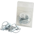 Heavy-duty Sparex stabiliser pin latches with chains, Pin Ø14mm x 67mm (2 pcs. Agripak), packaged in a clear plastic case, Sparex Part No.S.25862.