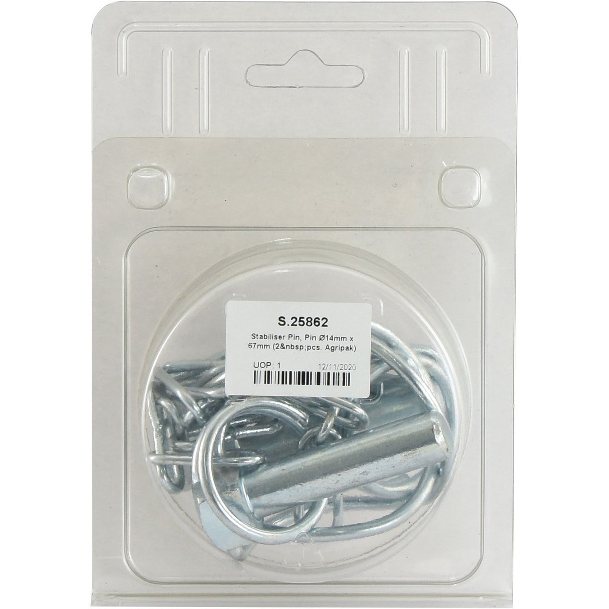 A packaged set of Stabiliser Pins, featuring two pins with dimensions Ø14mm x 67mm and labeled with Sparex Part No. S.25862.