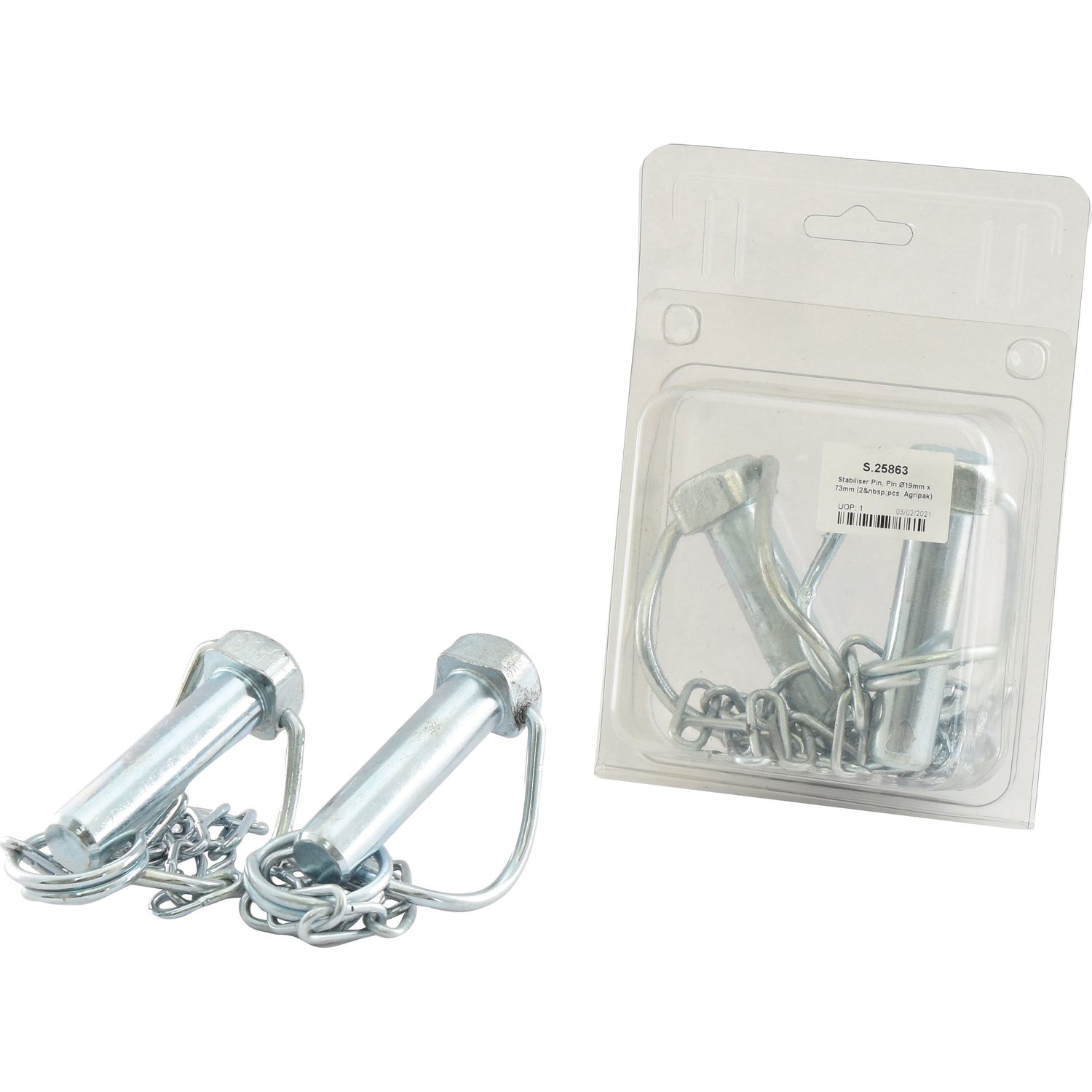 Two Sparex Stabiliser Pin sets (Part No. S.25863) are shown, one set unpackaged on the left and another set packaged in a clear plastic Agripak bag on the right; each contains two pins with a diameter of 19mm and length of 73mm.