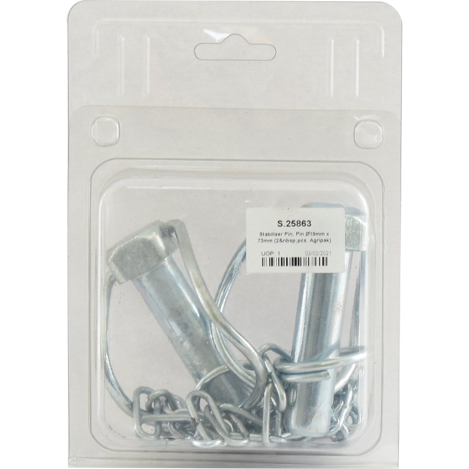 Plastic packaging containing two Stabiliser Pins, Pin Ø19mm x 73mm (2 pcs. Agripak) by Sparex, Part No. S.25863.