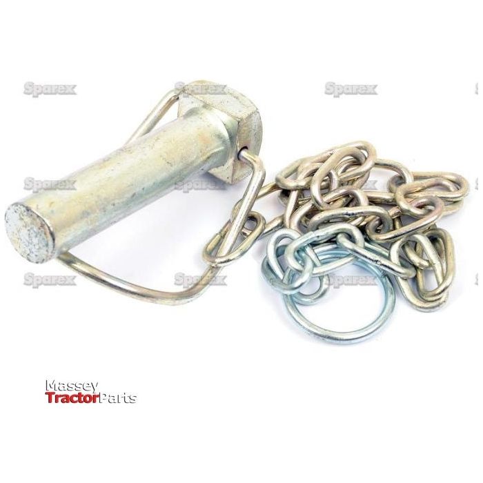 A Sparex Stabiliser Pin, Pin Ø19mm x 73mm (Part No. S.28606) with an attached chain and keyring lies on a white surface, with the branding "Sparex" and "Massey Tractor Parts" visible in the background.