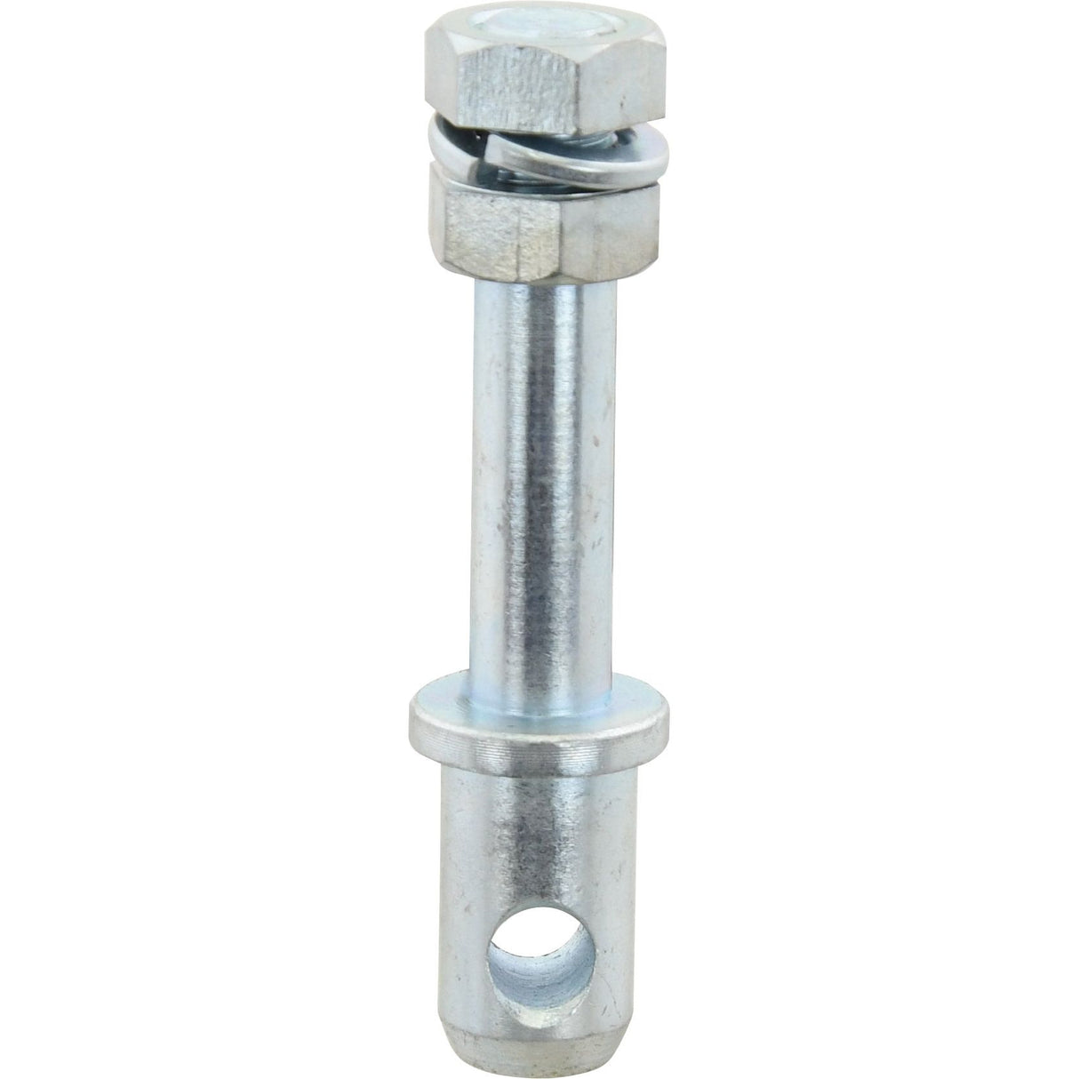 The Sparex Stabiliser Pin 22x118mm, with a thread size of 5/8''x25.4mm (Sparex Part No.S.167), is constructed from metal and includes a hexagonal nut and split washer. It features a cylindrical shaft with an overall length of 118mm and has a hole near the bottom for securing. The pin itself has a diameter of Ø 22mm.