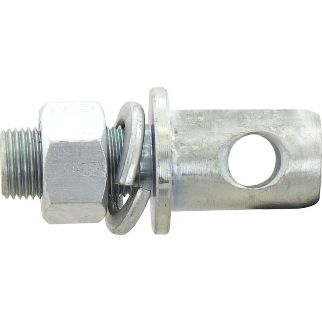 A close-up of the Stabiliser Pin 22x69mm, featuring a threaded bolt (5/8" x 28.5mm), nut, washers, and a clevis pin with a hole for securing connections. Ideal for Ford/New Holland or Massey Ferguson machinery, this Sparex-quality component (Sparex Part No. S.169) ensures durability and precision.