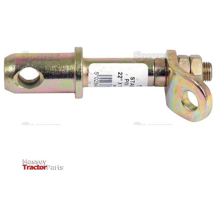 A metal stabiliser pin with a cylindrical body, two holes for attachment, and a bolt at one end. The part has a label with text and measurements, including thread size 7/16''x25.4mm. The "Massey Tractor Parts" logo is at the bottom. Suitable for Massey Ferguson 135 models, this product is known as the Stabiliser Pin 22x110mm, Sparex Part No.S.171 by Sparex.