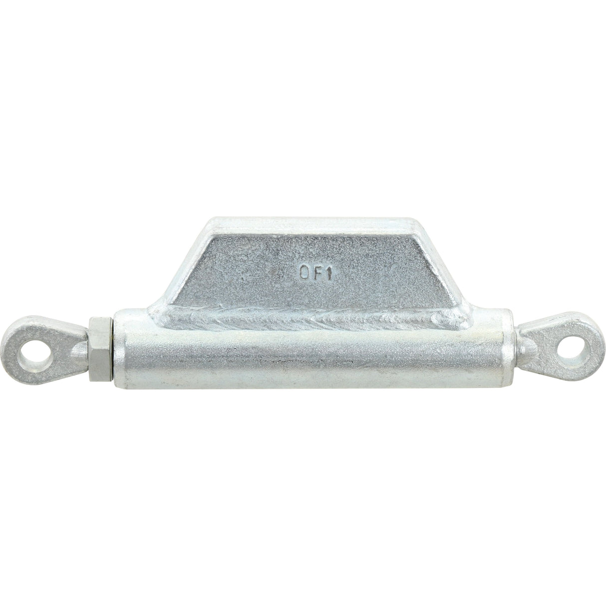 The Stabiliser Turnbuckle Assembly by Sparex, catalog number S.5284, showcases a cylindrical metal body with looped eyelets on each end and a central raised trapezoidal section marked "OF1". It features a thread length of 79mm and offers an adjustable length between 191mm and 330mm.