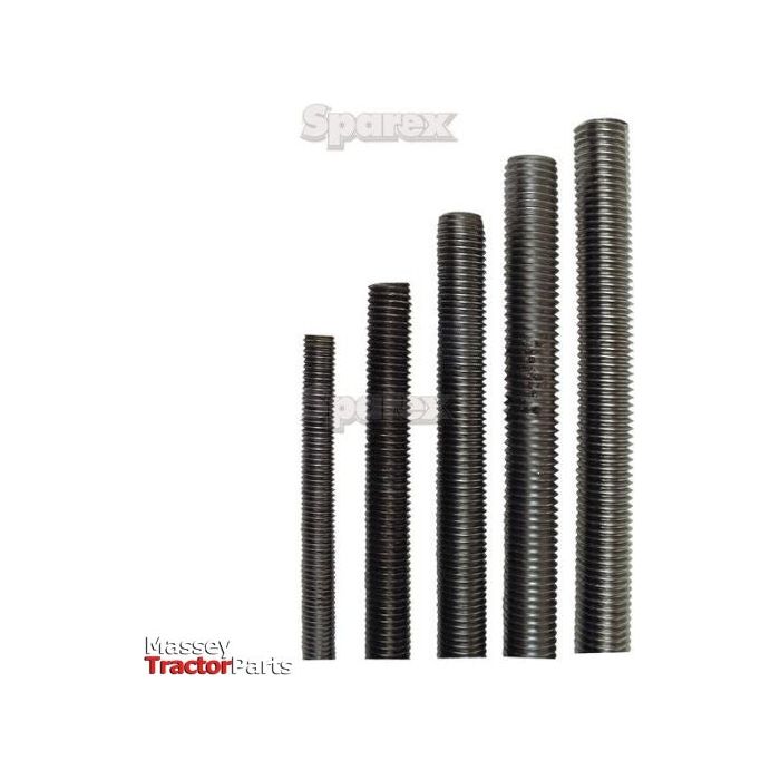 Five stainless steel threaded bars of varying lengths, including a 1M bar with a Ø14mm diameter (Sparex Part No. S.54795), arranged in ascending order on a white background. The logo includes the text "Massey Tractor Parts" and "Sparex".