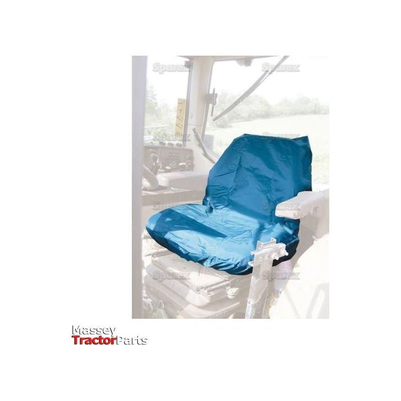 A blue, waterproof Standard Seat Cover (S.71716) from Sparex is installed on a seat inside a tractor cab. The cab's control panel and levers are visible in the background. The image features the text "Massey Tractor Parts" at the bottom, emphasizing the ease of installation for this universal fit seat cover for tractors and plant equipment.