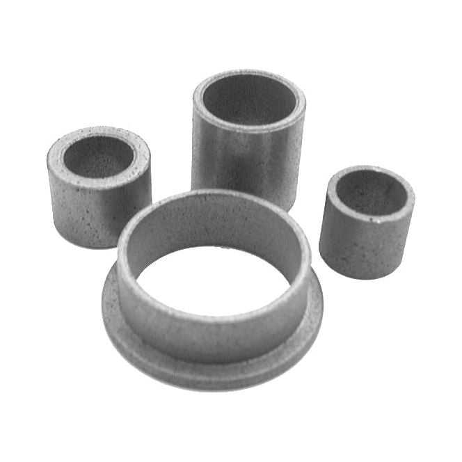The Starter Bush Kit (Sparex Part No. S.66338) by Sparex features four gray cylindrical metallic bushings of different sizes, arranged in a cluster on a white background. Compatible with Ford / New Holland machinery, this component ensures quality and durability for your equipment.