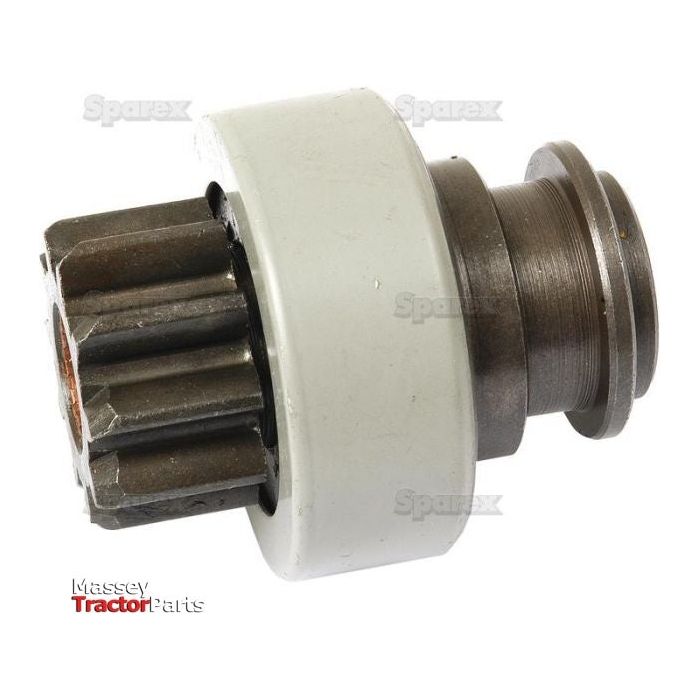 A close-up of a metal engine starter drive component with a white cylindrical housing and gear mechanism. The image, showcasing the Starter Drive Assembly - S.41155 by Sparex, features the logo "Massey Tractor Parts" in the corner.