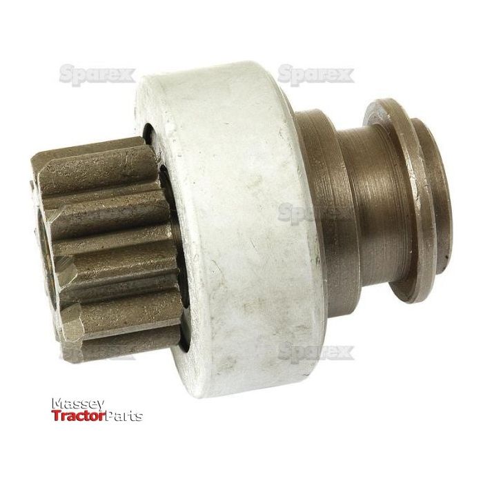 Introducing the Starter Drive Assembly - S.41156 by Sparex, a high-quality Massey Tractor part featuring a durable metal gear mechanism and a white cylindrical component. The background showcases faint "Sparex" watermarks, symbolizing its trusted brand reputation. This essential part is crucial for the proper function of your M50 Starter, ensuring reliable performance and long-lasting durability.