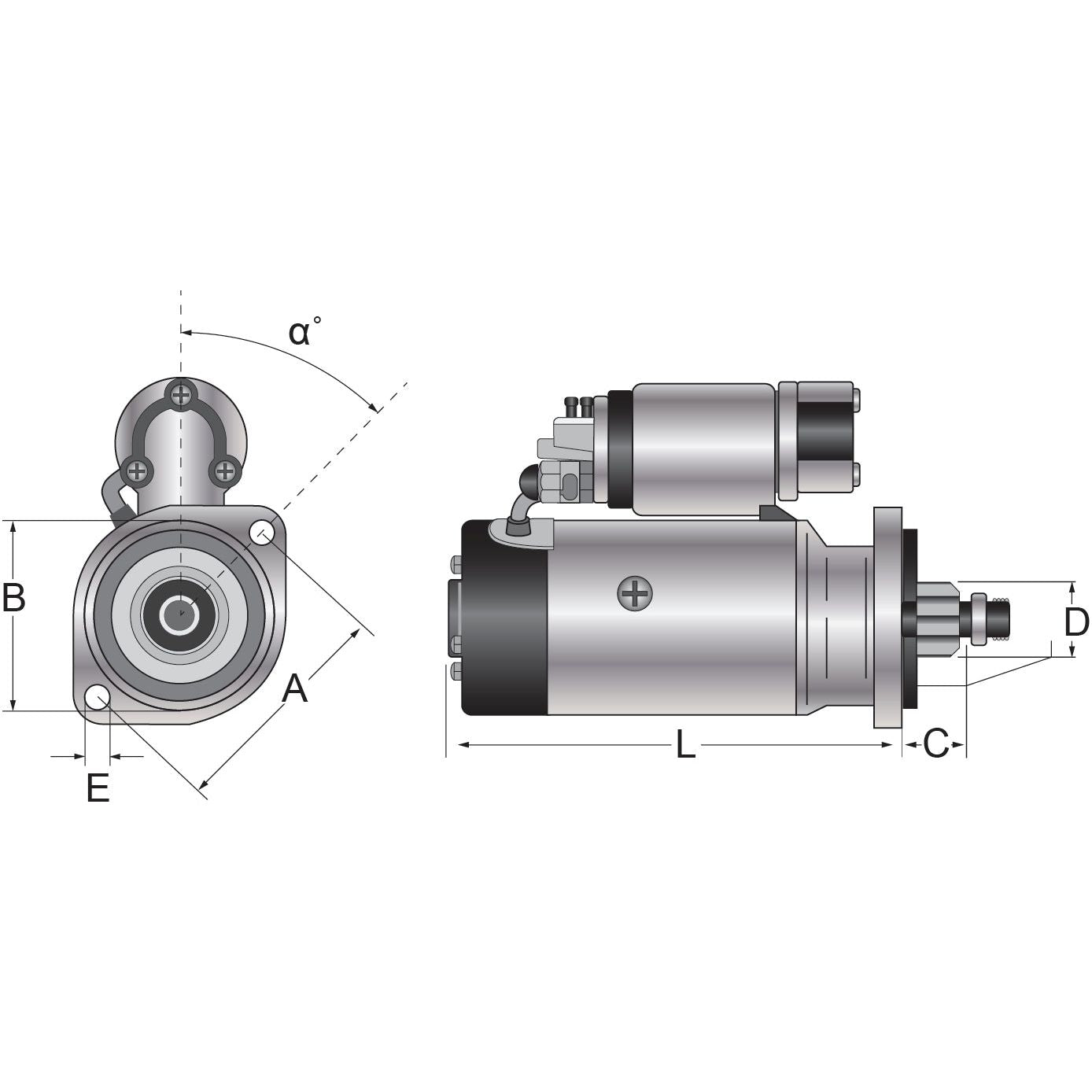 Technical drawing of a Starter Motor - 12V, 1.4Kw, Gear Reducted (Sparex), suitable for Kubota, showcasing front and side views with dimensions and labeled parts including A, B, C, D, E, L, and an angle α. (Sparex Part No.S.70501)