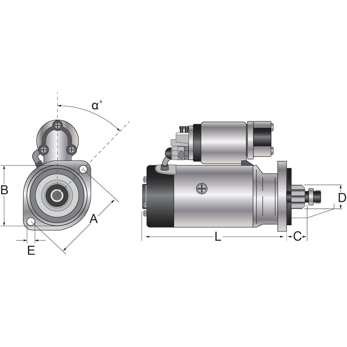 Technical drawing of a Starter Motor - 12V, 1.4Kw, Gear Reducted (Sparex), suitable for Kubota, showcasing front and side views with dimensions and labeled parts including A, B, C, D, E, L, and an angle α. (Sparex Part No.S.70501)