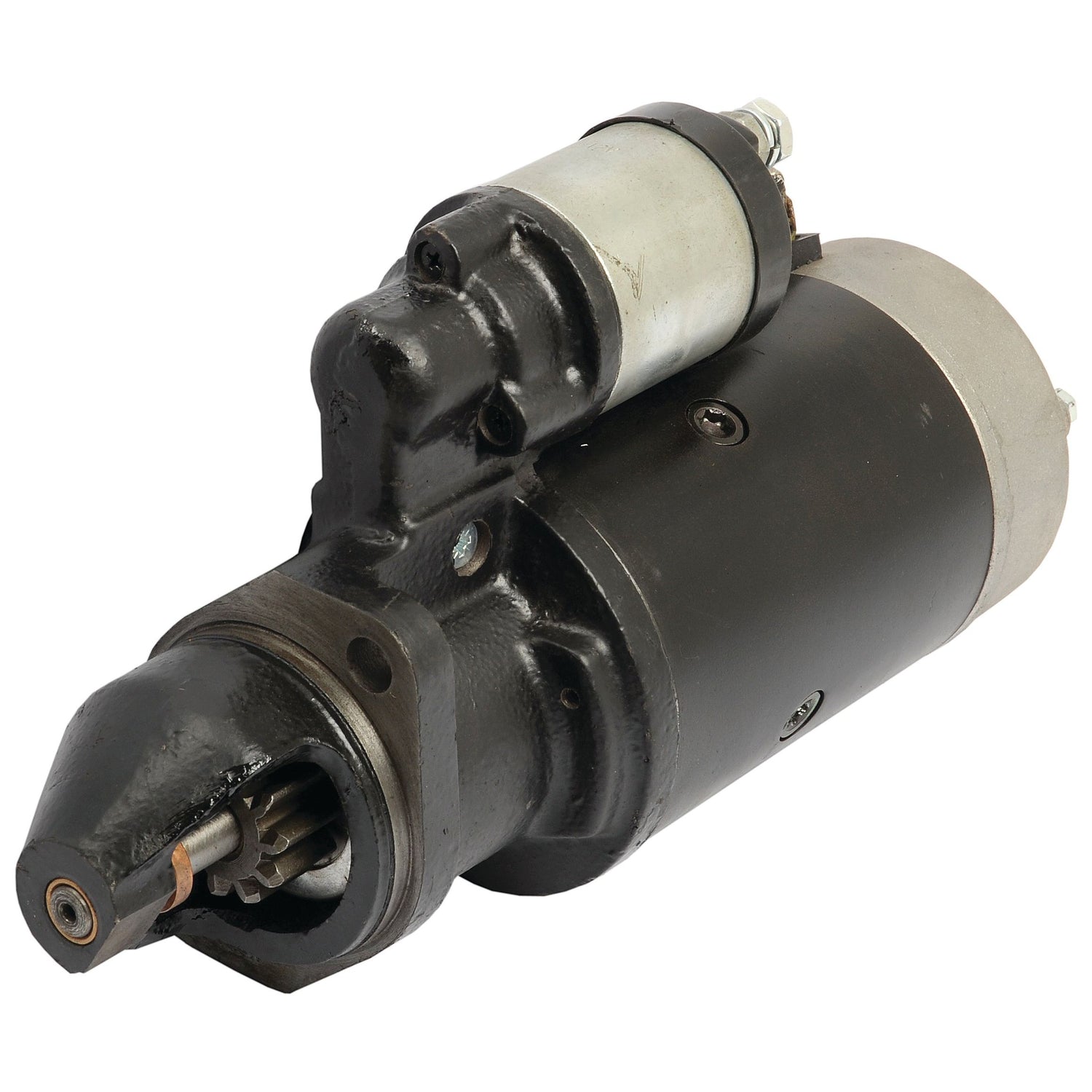 Close-up of the Sparex Starter Motor - 12V, 2Kw (Sparex Part No. S.35983), showcasing its black and silver casing along with a visible gear mechanism, designed for 12V systems.
