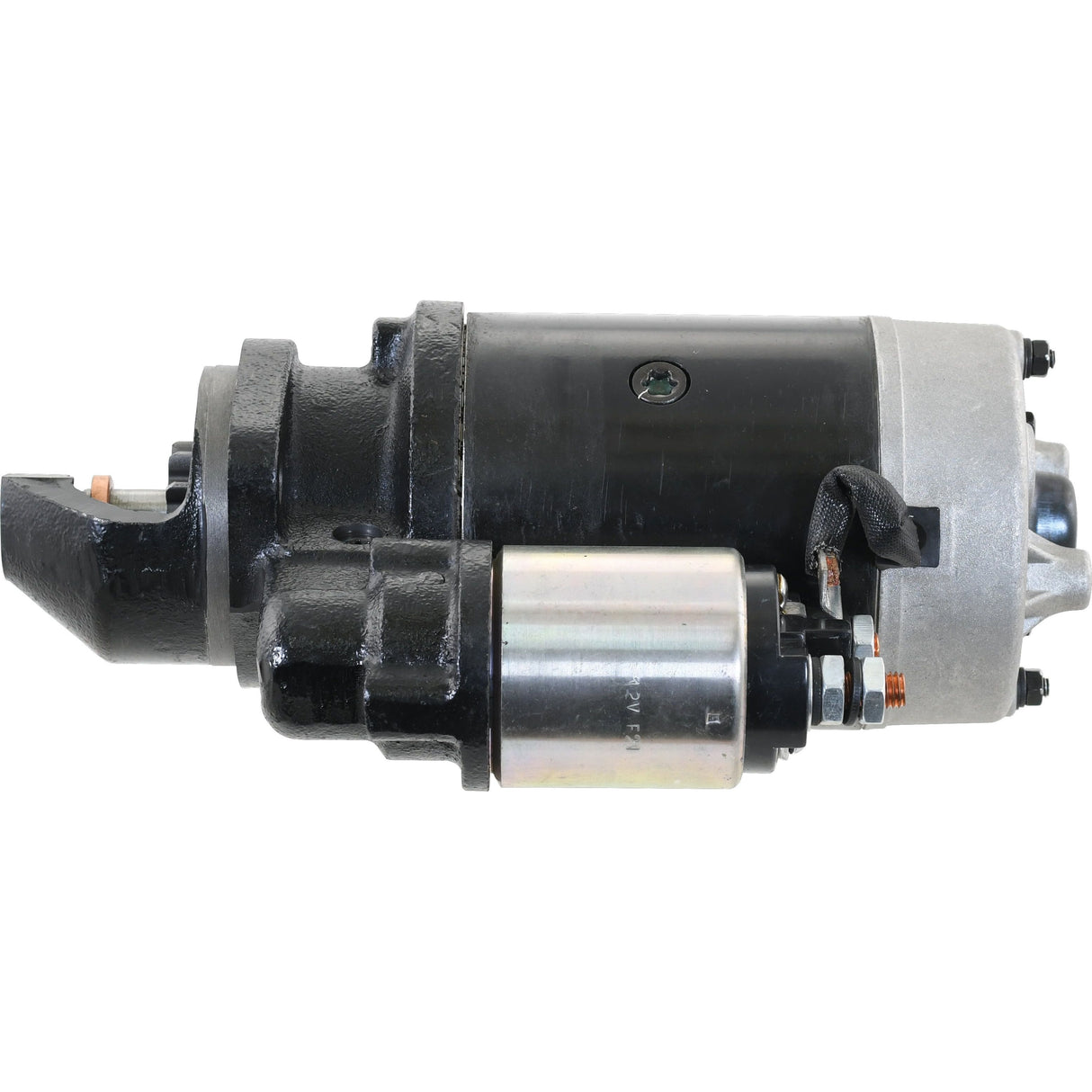A compact, cylindrical mechanical component with a black body, a silver segment, and attached wiring, resembling the Sparex Starter Motor - 12V, 2.7Kw (Sparex Part No. S.361851).