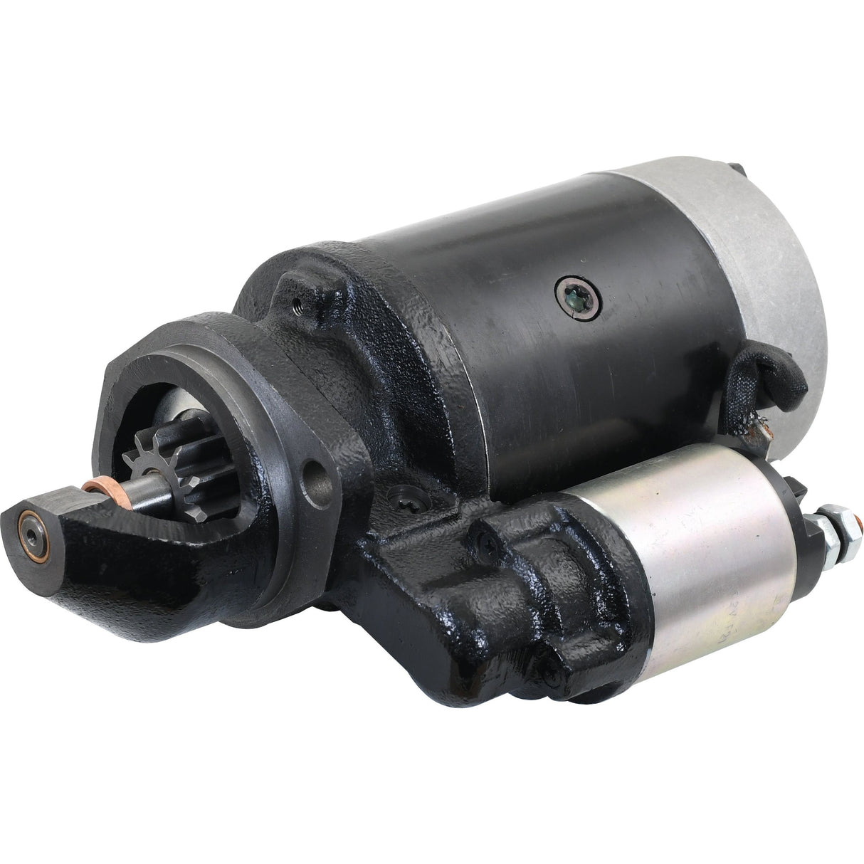 The Sparex Starter Motor - 12V, 2.7Kw (Sparex Part No.S.361851) is a reliable black and metallic unit featuring a gear and solenoid with electrical connectors at one end. This high-performance automotive starter motor from Sparex ensures dependable operation for various applications.