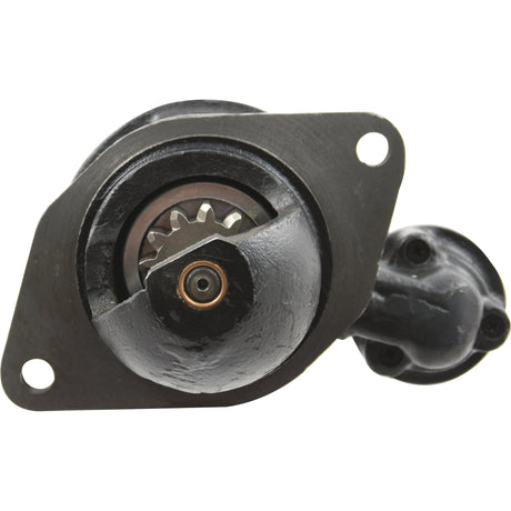 The black mechanical part with a gear mechanism and mounting holes is possibly an automotive component. It could be the Starter Motor - 12V, 2.7Kw, designed for Massey Ferguson vehicles (Sparex Part No. S.42992).