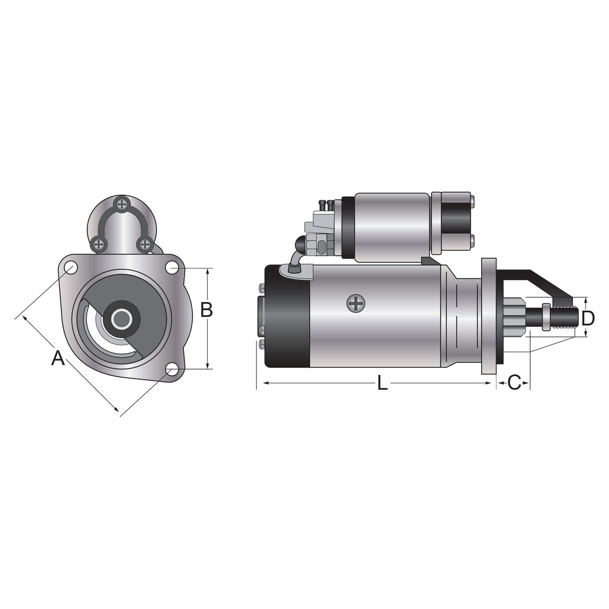 Technical diagram showing dimensions and details of a Starter Motor - 12V, 2.8Kw (Sparex) | Sparex Part No. S.41138, designed for Massey Ferguson tractors. The component is displayed from the front and side angles, with labeled measurements for various parts.