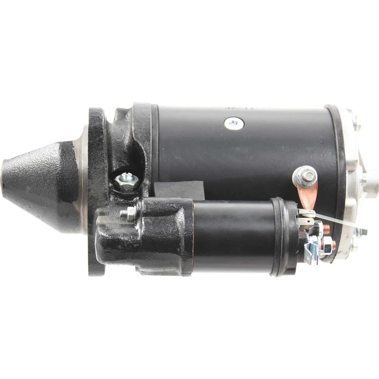 A side view of a black 12V, 2.8Kw Starter Motor for Massey Ferguson (Sparex Part No. S.41138), highlighting visible mounting points and electrical connections.