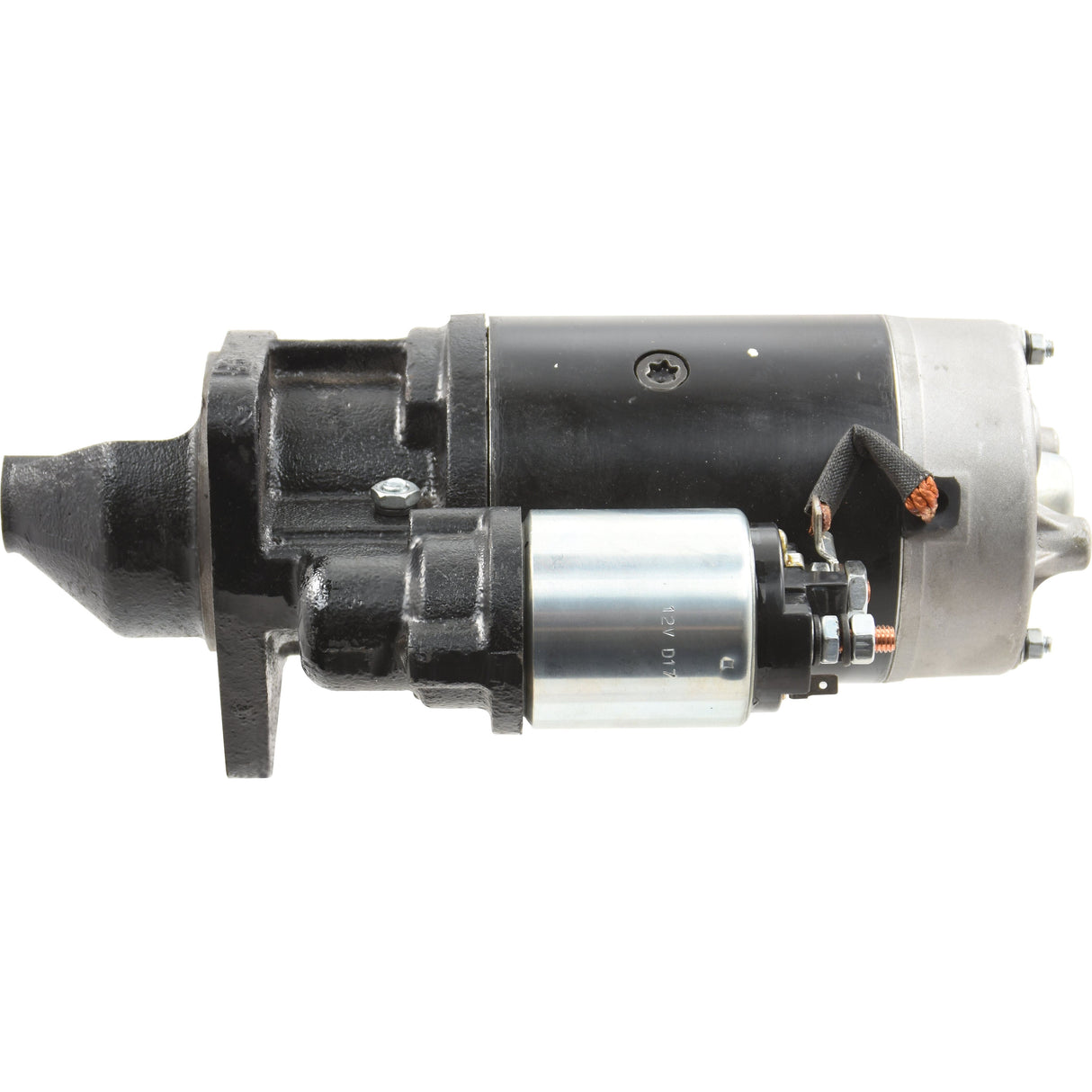 A Sparex Starter Motor - 12V, 3.1Kw (Sparex Part No. S.361191) featuring a cylindrical metal body with a textured black coating and 12V electrical connectors on the side.