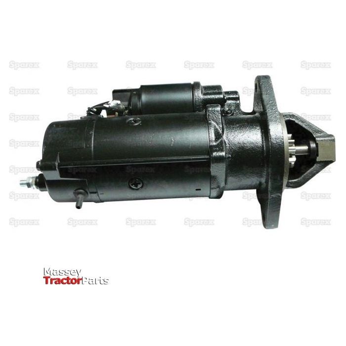 A black gear-reducted starter motor for Massey tractors, featuring a visible mounting flange and electrical connections on a white background, labeled "Sparex Starter Motor - 12V, 4.2Kw, Gear Reducted (Sparex) | Sparex Part No.S.67703.