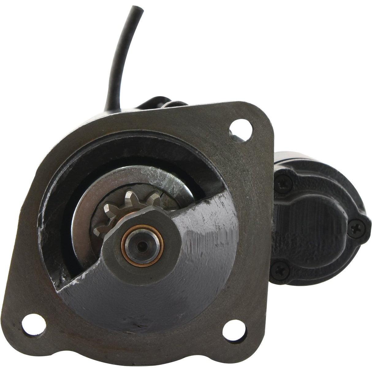 Close-up view of a 12V, 4.2Kw Starter Motor (Sparex Part No.S.150761), featuring several circular parts and a protruding gear, designed for use in Massey Ferguson engines or motors.