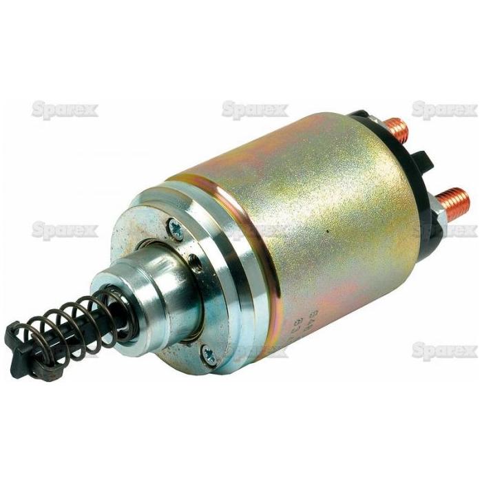 A model Starter Solenoid | Sparex Part No.S.36120, featuring a cylindrical metallic body, two rear copper contacts, and a front-attached spring mechanism; perfect for Sparex or Case IH equipment.