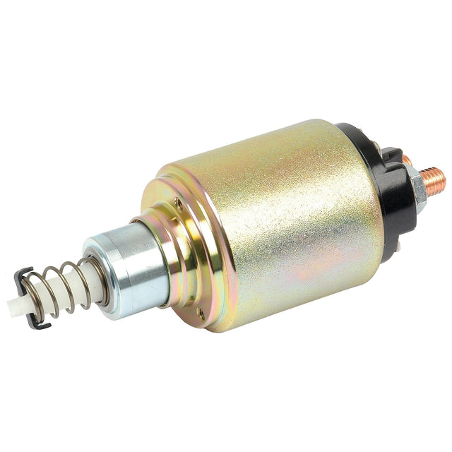 The Starter Solenoid, Sparex Part No.S.36121 by Sparex, is a cylindrical metal solenoid with a spring-loaded mechanism, typically used in John Deere tractor parts. It features a metallic body with a golden hue and a black plastic end cap, along with a copper terminal and mounting point.