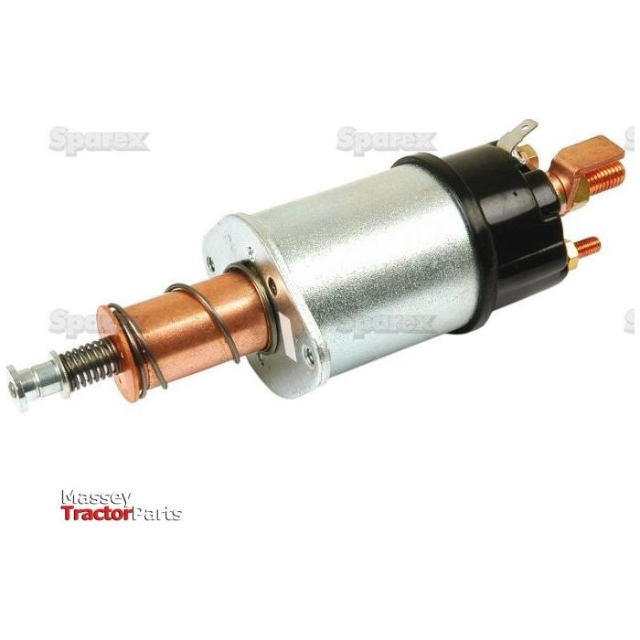 The Starter Solenoid, identified as Sparex Part No. S.41737, features a cylindrical metal body, a spring, and copper connectors with faint "Sparex" branding in the background. This 12V component is compatible with Massey Ferguson equipment.