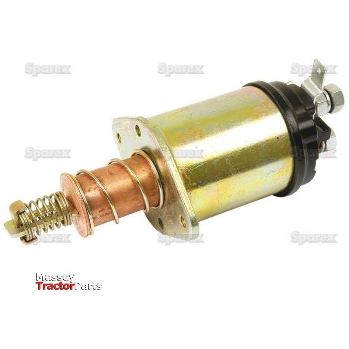 A metal Starter Solenoid (Sparex Part No. S.41759) for a tractor with a spring and connectors, shown against a white background with the logos "Sparex," "Massey Tractor Parts," and "Landini LARGE 16500.
