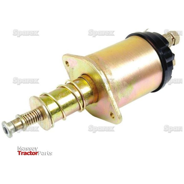 Close-up of a metallic Starter Solenoid | Sparex Part No.S.59522 with a spring. The solenoid is set against a white background, with "Massey Tractor Parts" and "Sparex" logos faintly visible, emphasizing its compatibility with Case IH systems.