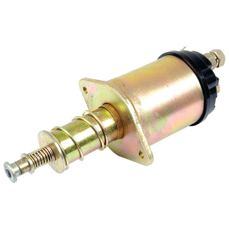 The Starter Solenoid (Sparex Part No. S.59522) by Sparex is a cylindrical metal valve with a spring mechanism and mounting bracket, featuring a screw and nut at one end and a black cap at the other end, designed to be compatible with Case IH machinery.