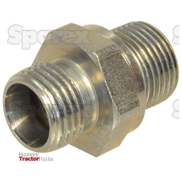 Close-up of a metallic pipe fitting with threaded ends, featuring an M16 (10L) Male to 3/8'' BSP Male 60° Cone connection. The background showcases faint text and a logo related to Sparex Massey Tractor Parts, referencing Sparex Part No. S.114140.