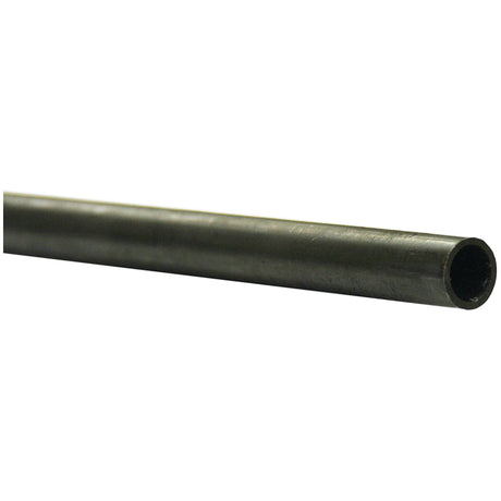 Close-up of a Sparex Steel Hydraulic Pipe (15L) 15mm x 1.5mm, (Black), 3m | Sparex Part No.S.34004 - a dark, cylindrical, hollow metal pipe with a smooth surface and open end, designed to withstand 280 bar pressure.