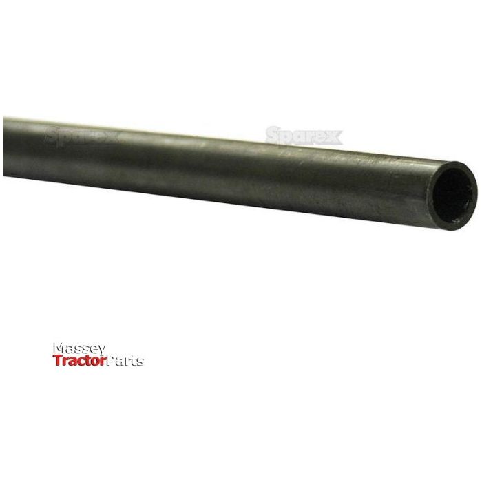 Close-up of a 15mm metal hydraulic pipe with the open end visible. The words "Massey Tractor Parts" are printed in red and black at the bottom left corner. This Sparex Steel Hydraulic Pipe (15L) 15mm x 1.5mm (Black), measuring 3 meters in length, is designed to withstand pressures up to 280 bar, ensuring high durability and reliability for demanding applications. Part No.S.34004.